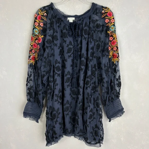 Sundance size XXL Gemma Elegance top long sleeve embroidered navy boho NEW - Picture 2 of 16